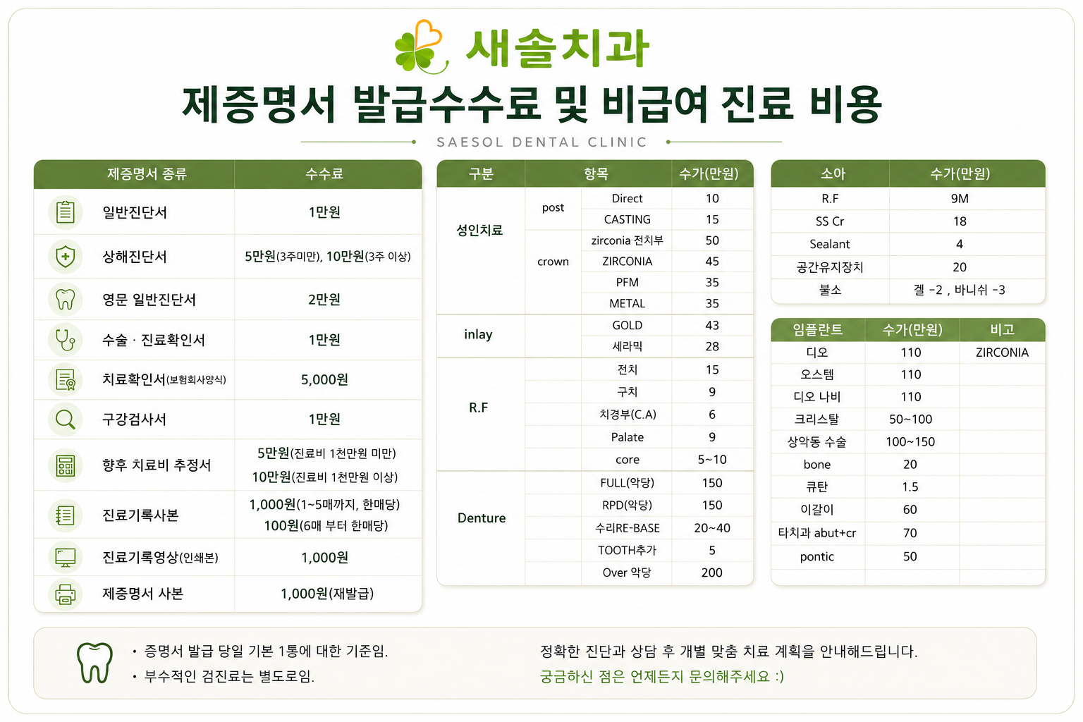 새솔치과 비급여항목